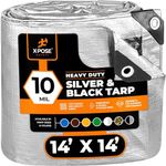 Heavy Duty Poly Tarp - 14' X 14' -10 Mil Thick Waterproof, UV Blocking Protective Cover - Reversible Silver and Black - Laminated Coating - Grommets - by Xpose Safety