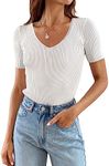 ZESICA Women's Short Sleeve T Shirts 2024 Summer V Neck Tops Casual Ribbed Knit Slim Fit Basic Tees, White, Small