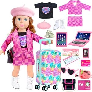 18 inch Doll Clothes Accessories Girl Suitcase Luggage Travel Set Including 18 inch Doll Clothes Hat Handbag Sunglasses Camera Computer Passport Cell Phone Tablet, Gift for Christmas Birthday