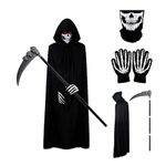 Halloween Grim Reaper Costume, Scary Halloween Costume Set with Black Hooded Cape, Skull Facewear, Skeleton Gloves and Death Scythe, Ideal for Halloween Cosplay Costume Props