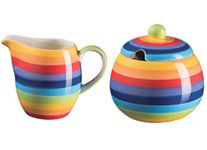 Purity Style Hand Painted Rainbow Stripe Sugar Bowl and Jug Set