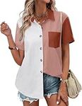 Zeagoo Button Up Shirt Women Color Block Short Sleeve Cotton Linen Summer Work Casual Blouse Top Pink&Caramel