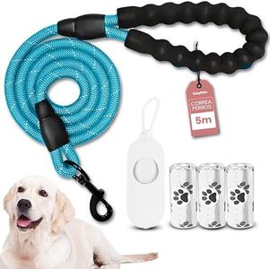 COZYPETS Correa Perros - Correa Perros Larga de 5m con Mango Acolchado y Reflectante - Incluye 3 Bolsas para Excrementos y Dispensador -Correa Perro pequeño, Mediano y Grande (Azul, 5metros)