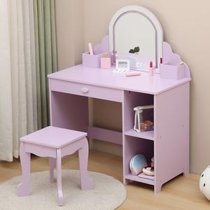 Garvee Kids Vanity with Lighted Mirror & Stool, Little Girls Vanity and Wooden Makeup Playset with Adjustable LED Light, Storage Drawer & Shelves for Girls 3-9, Purple