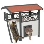 PawHut Cat House Outdoor, Wooden Feral Cat House with Balcony Stairs Asphalt Waterproof 77L x 50W x 73Hcm - White