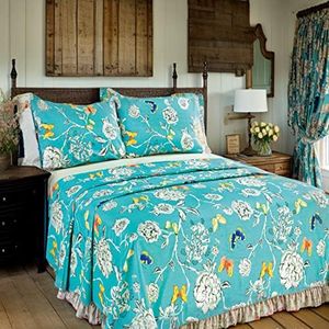 Tache White Floral Colorful Aqua Flat Sheet - Butterfly Wonderland - Luxurious Cotton Top Bed Sheet Only with Pillow Covers - 3 Piece Set - California King