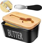 Ceramic Butter Dish with Wooden Lid, Airtight Butter Keeper for Counter or Fridge with Stainless Steel Multipurpose Butter Knife, Butter Container with Double High-Quality Silicone