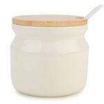 Ceramic Sugar Bowl, Chase Chic Porcelain Sugar Bowl with Wooden Lid and Porcelain Spoon 7.7oz/230ml, Suit for Coffee Bar, Kitchen and Home Breakfast,Off White