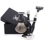 Mens Shaving Set- 3 Pc Grooming Kit, 3 Edge Shaving Blade Shaving Razor, Super Badger Shaving Brush, Shaving Stand, Black Color Elegant Set as a Gift by Haryali London