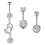 3pcs Silver Belly Bars 10mm Surgical Steel 14G Belly Navel Button Rings with Dangle Piercing Jewellery Heart Crystal