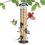 Kingsyard Metal Bird Feeders for Outdoor Hanging, Extra Thick Tube Bird Feeder with Steel Hanger & 6 Port, 15 inch, Chew-Proof, Weather and Water Resistant, Black