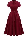 Wedtrend Ladies Dress for Church with Bowknot, Modest Short Sleeve 50s Style Tea Dress, A-Line Retro Cocktail Tea Party Dress, Midi Casual Semi Formal Work Dress for WomenCWTP30001Burgundy2XL