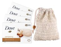 Dove Pampering Moisturising Soap x 4 bars with 1 x Exfoliating Soap Saver Pouch bundle by Wundle (Shea Butter & Warm Vanilla)