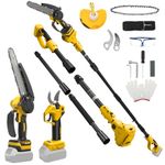 8 Inch Mini Chainsaw with Extension Pole and 30 mm Electric Secateurs Compatible with Dewalt 20V Battery, 4-in-1 Garden Tool Set Maximum Range up to 4.57 m for Tree Trimming Pruning (No Battery)