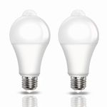 PIR Motion Sensor LED Bulbs E27 9W, Cool White 6000K, Equivalent 60W, E27 Screw, Auto On/Off Motion Sensor Light Bulbs for Front Door, Garage, Stairs, Hallway, Basement, 2 Pack