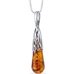 Peora Genuine Baltic Amber Drop Pendant Necklace for Women 925 Sterling Silver, Intricate Teardrop Shape, Rich Cognac Color, with 18 inch Chain