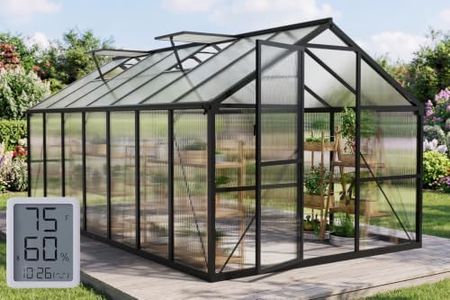 SYLVIERA 8x14FT Greenhouses for Outdoors, Polycarbonate Green House with UV Protection, Heavy Duty Greenhouse with Windproof Aluminum Frame, Roof Vent & Quick-Install Design for Backyard or Garden Use