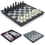 Gibot Chess Set Backgammon and Draughts 3 in 1, Portable and Folding Chess Board Set, Magnetic Chess, Travel Chess Board Checkers Piece, Traditional Strategy Game For Kids Children and Adults