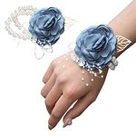 TAIANJI 2PCS Wrist Corsages for Weddings, Satin Rose Wrist Rose Corsage Bracelet, Bride Bridesmaid Wristlet with Rhinestone and Pearl for Wedding Party Prom Decor Bride and Groom(Blue)