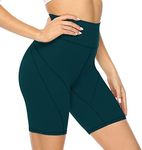 JOYSPELS Womens High Waisted Gym Shorts - Workout Running Sports Shorts Yoga Cycling Shorts for Womens with Pockets- BlackishGreen - M
