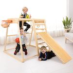 Ogelo Indoor Playground Toddler Wood Playset 9-in-1 with Climber, Slide,Basketball Frame, Swing, Jungle Gym, Swedish Ladder, Monkey Bars, Rope Ladder, Rock Wall Dome, Climber for Ages 1.5-10