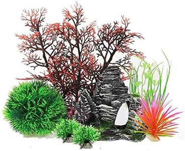 Aquarium Fish Tank Plastic Plants and Cave Rock Decorations Decor Set 7 Pieces, Fish Tank Accessories Aquarium Decorations Rock Plants, Small and Large Artificial Fish Tank Plants with Cave Rock