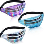 3 Pieces Holographic Fanny Pack for Women Men Kids, Metallic Color Sport Waistbag with Pouches and Adjustable Belt, Hologram PU Waist Pack for Traveling, Running, Partying (Dark Purple, Blue, Silver)