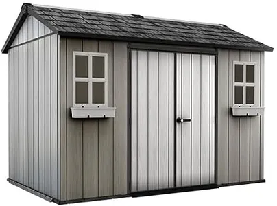Keter Oakland 11x7.5 Ft All-Weather Storage Shed with Skylight, Windows, Built-in Ventilation, Customizable Walls, & Lockable Double Doors, Grey