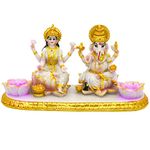 Ganesha Laxmi Statue Indian God - 5.3”H Marble Finish Indian Idol Lakshmi Ganesh Statue w/LED Diyas Diwali Gifts Diwali Decor Home Office Puja Item Hindu Altar Mandir Temple Pooja Murti