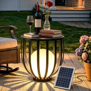 MIUWLXT 22" Solar Outdoor Side Table, Round LED Metal Patio Table