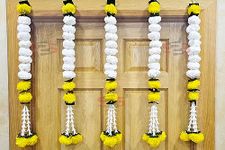 S2S Artificial Marigold Jasmine,Mogra Flower,Green Leaves Tassles Garlands Ladi Strings for Decoration of Home,Balcony,Wall Hangings,Hall|Pack of 5| (Yellow White Marigold) (Height- 24 Inch)