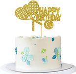 RoadSea Tennis Happy Birthday Cake Topper - Sport Theme Tennis Player Birthday Cake Supplies - Tennis Enthusiast Birthday Party Decorations - Gold Glitter