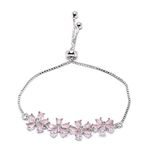 ZENEME Bracelet Rhodium-Plated Silver Toned American Diamond Studded Pink Floral Link Adjustable Bracelet For Women and Girls