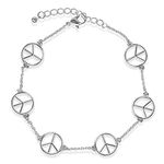 Rosemarie & Jubalee Women's Good Vibes Silver Tone Peace Sign Charms Ankle Bracelet, 9"+1.5" Extender