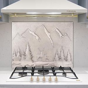 Kitchen Backsplash, Mountains Behind the Deers in the Forest Kitchen Backsplash, Nature Scene Copper Backsplash Panel, Handmade Copper Backsplash Tile, Indoor Outdoor Wall Decor (Gray)