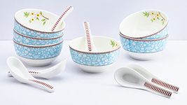 GOLDEN QUEEN'S Premium Ceramic Soup Bowls and Spoons Set of 6 - Durable, Stylish and Microwave Safe | 6 inch Wide | Perfect for Serving Soup, Salad, Desserts or Cereals (Birdie in Blue Soup Set)