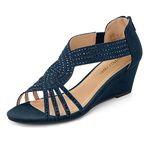 PIZZ ANNU Womens Sandals Mid Wedge Heel Glitter Shoes for Ladies Strap Rhinestones Bridal Wedding Evening Party Size 6 Navy