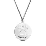 Dog Lover Paw Print Coin Necklace for Women Girls Sterling Silver Disc Round Pendant Personalized Cat Mom Gifts Pet Memorial Sympathy Remembrance Jewelry Gift Custom Circle Necklaces 1 Text & Paw