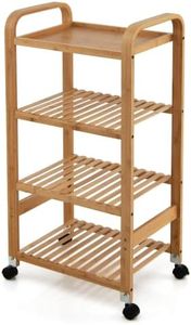 Giantex 4-Tier Bamboo Rolling Storage Cart, Kitchen Serving Storage Trolley Organizer with Locking Casters, Slatted Shelves, Storage Shelf Rack Cart Unit on Wheels for Living Room Office