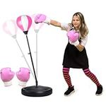 Bearsport Punching Bag for Kids Incl Boxing Gloves | 3-10 Years Old Adjustable Kids Punching Bag with Stand | Boxing Bag Set Toy for Boys & Girls (Pink White)