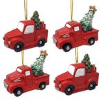 Set of 4 Red Truck Christmas Decorations - Trucks with Christmas Trees - Festive Xmas Holiday Decorating Accents