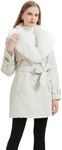 GRAN ORIENTE Women's Faux Leather Trench Coat Overcoat with Detachable Fur Collar,Winter Mid Length Pea Coat Belted Jacket (052 White 2XL)