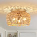 ZLNIDJIA Rattan Light Fixtures 3-Light Retro Glod Semi Flush Mount Ceiling Light Hand Woven Ceiling Light Fixtures Boho Chandelier for Hallway Bedroom Kitchen Entryway Foyer Dining Room