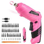 Pink Cordless Electric Screwdriver Set, 3.7V Rechargeable Small Electric Drill with 48pcs Driver Bit Set, Power 3Nm Screw Gun with 2 Position Handle, Flexible Shaft LED Light for Women