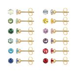 12 Pairs 18K Gold Plated Surgical Stainless Steel Stud Earring, Cubic Zirconia CZ Stud Earrings for Women, Multicolor Birthstone Stud Earrings Set 4mm (Prong 4mm)