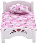 Dollhouse Furniture Mini Kid’s Bed Set, Realistic Bedroom Accessories for 6 inch Dolls, Pink Bedding, White Wood, 1/12 Scale