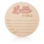 Newborn Announcement Sign, 5.9in Wooden Hello World Sign Baby Welcome Sign Birth Baby Name Plaques for Newborn Boys and Girls Photo Props Baby Shower Hospital Nursery (Light Pink)