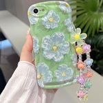 for iPhone 6s Plus iPhone 6 Plus Curly Wavy Case, Cute Colorful Retro Oil Painting Flower Glossy Pattern [with Bead Chain], Slim Fit Shockproof Protective Cover for Girls Women, Green