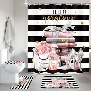 Cinbloo 4Pcs Black Pink Shower Curtain Set, Fashion Flower Perfume Bathroom Curtain with Rug, Toilet Lid Cover, Bath Mat, Women Girls Black White Striped High Heels Books Shower Curtain with 12 Hooks