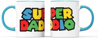 SMARTYPANTS Super Daddio Mug Tea Coffee Cup - Birthday Father's Day Dad Daddy Father Classic Retro Video Game Gamer Plumber Mushroom Kart Bomb Kitchen Dishes Decor (Blue Handle)